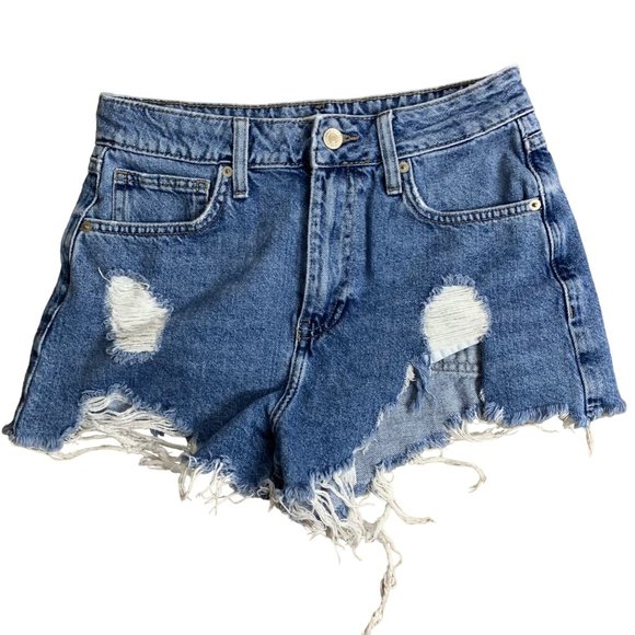 Forever 21 Destroyed Cut Off Denim Shorts 26 Med Wash High Rise Distressed - Picture 1 of 5